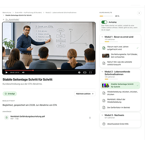 Die Lernplattform konerio in Verwendung: ein Lehrvideo, daneben die Gliederung des Lehrgangs in Kapitel.